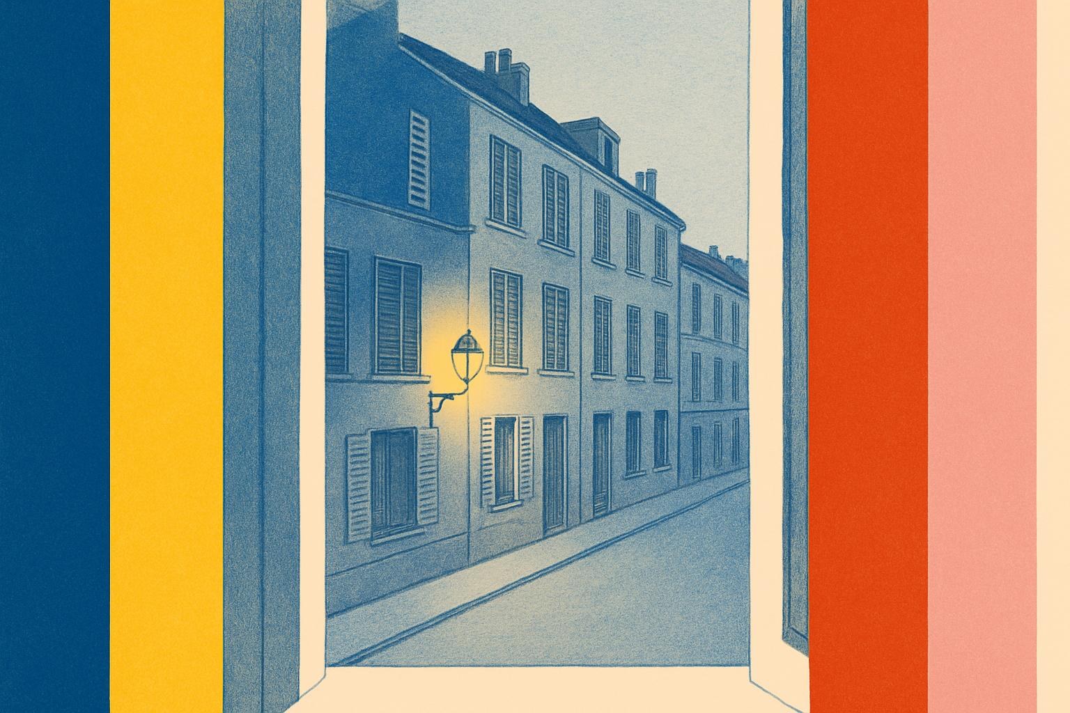 An empty Paris street at dusk viewed from above, drawn in a spare, sketch-like style.