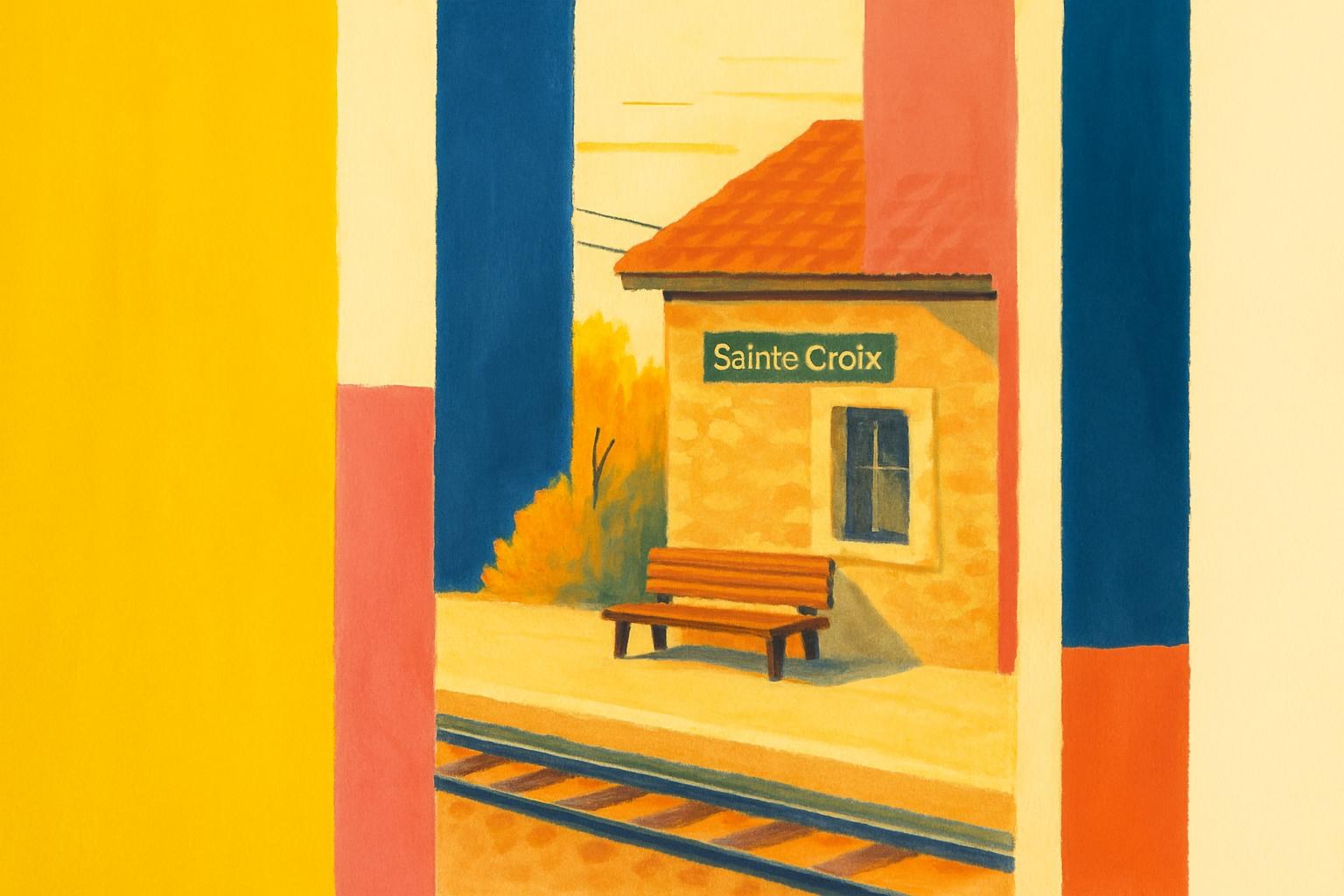 La gare de Sainte-Croix sous une lumière automnale, évoquant la commune vaudoise tranquille où se trouve la maison d'édition.