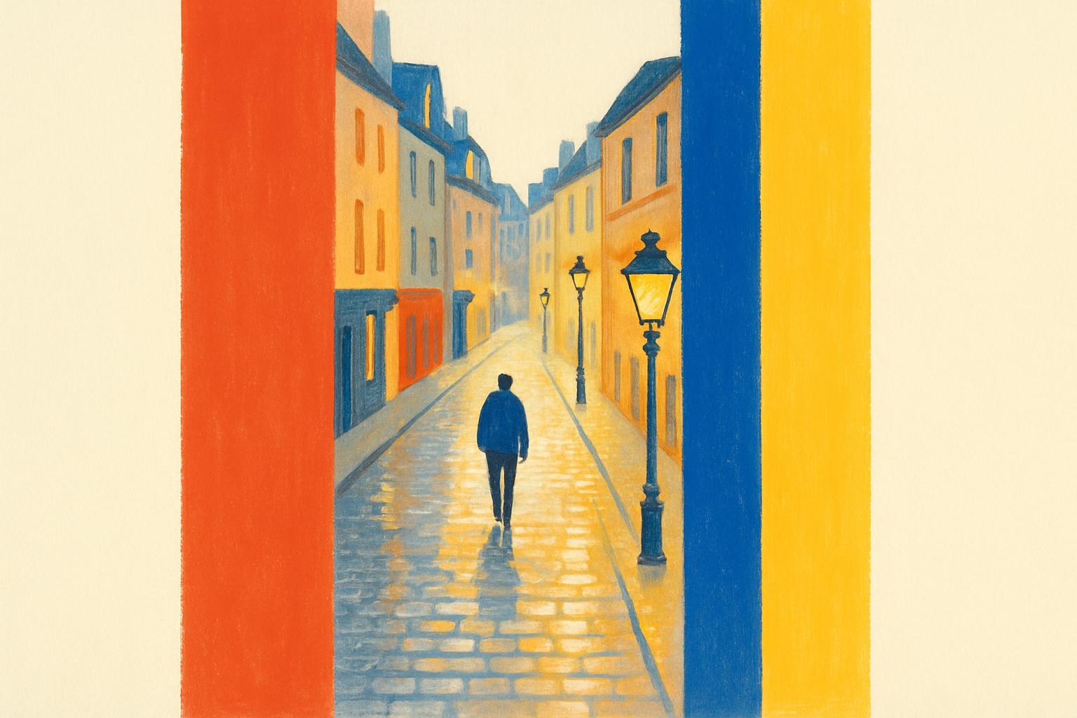 A solitary figure walks down a dusky Parisian street reflected in wet cobblestones.