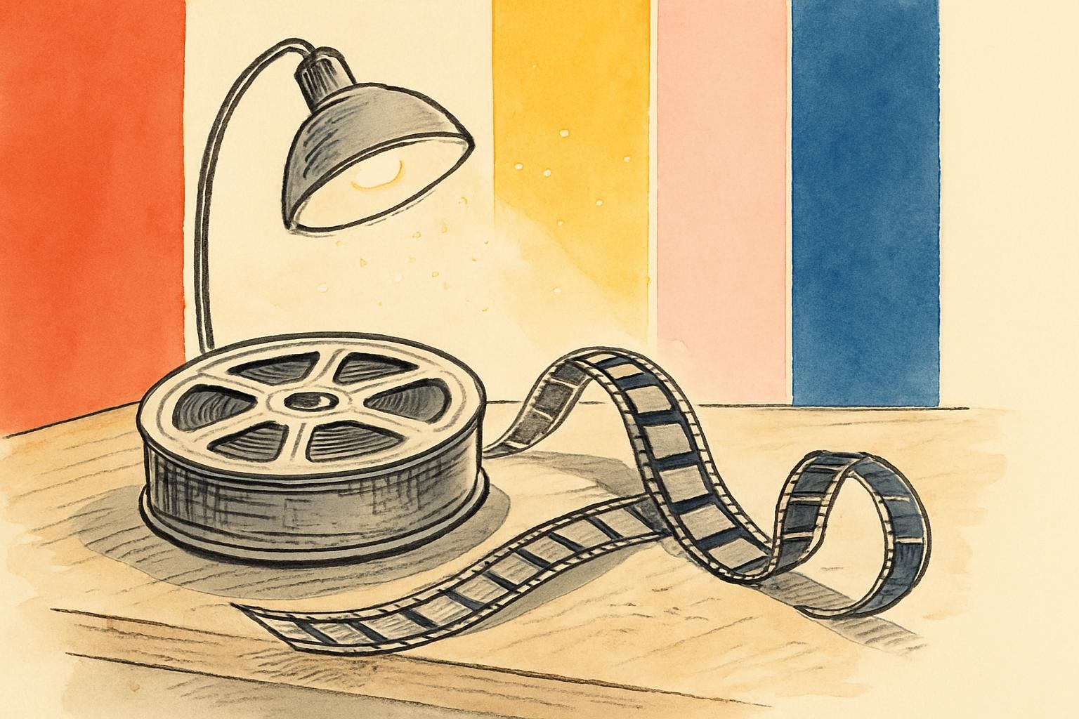 A film reel and unspooled celluloid strip on a wooden editing table under a desk lamp, evoking a Soviet-era film studio.