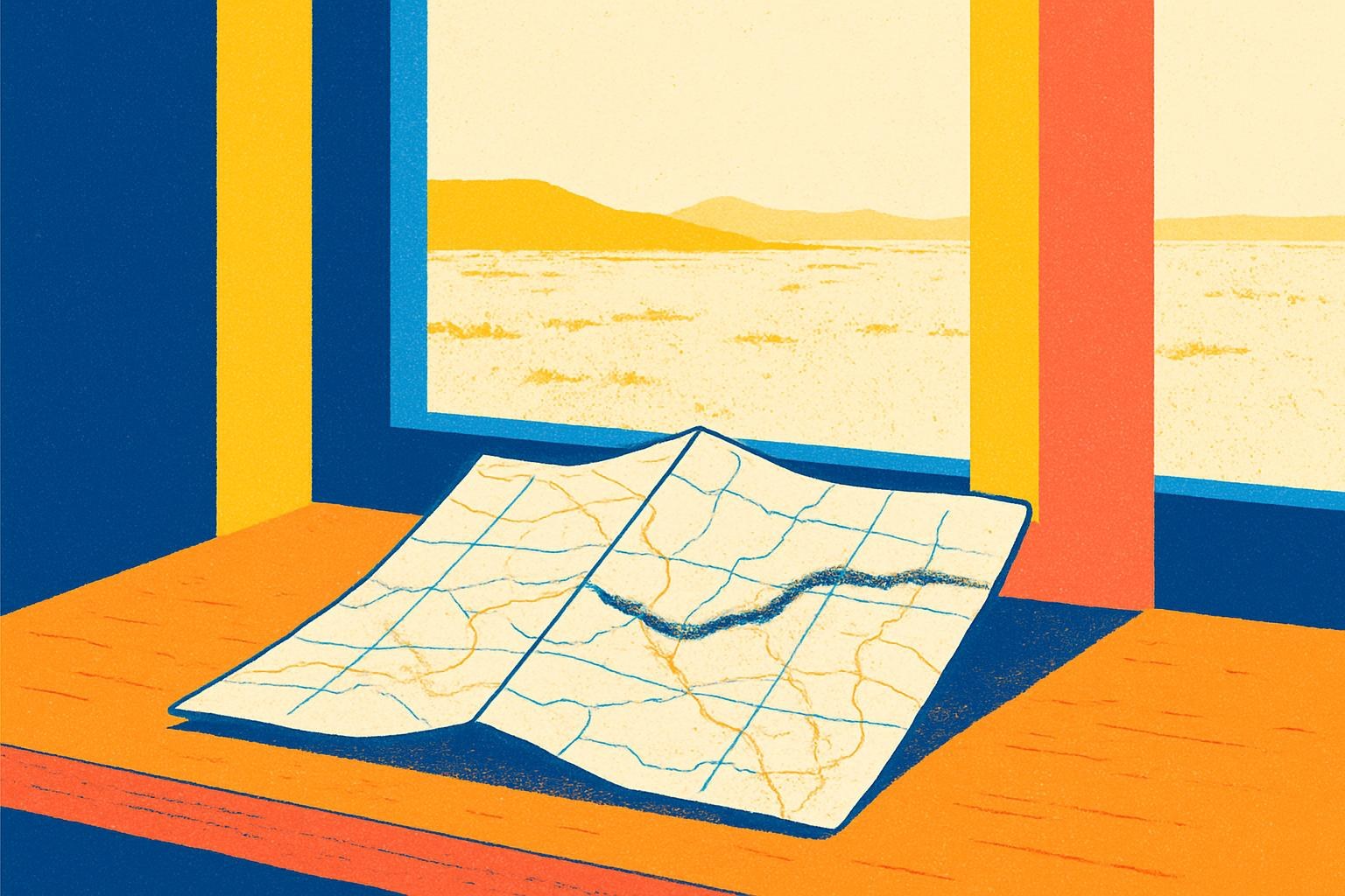 A creased map of a border region lies on a table, its lines smudged, with a sunburnt landscape visible through the window beyond.