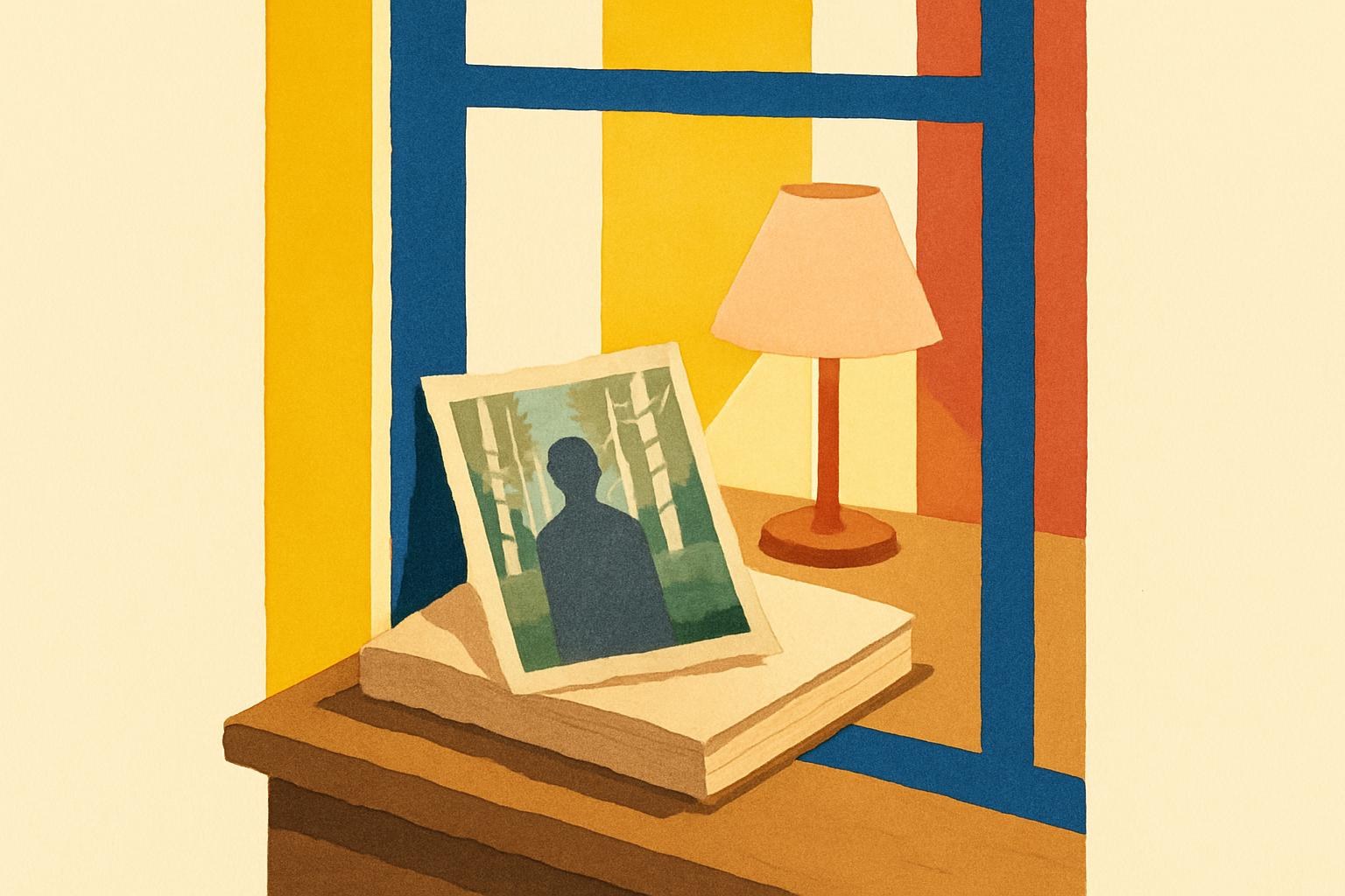 A faded family photograph resting beside a book on a dimly lit writing desk.