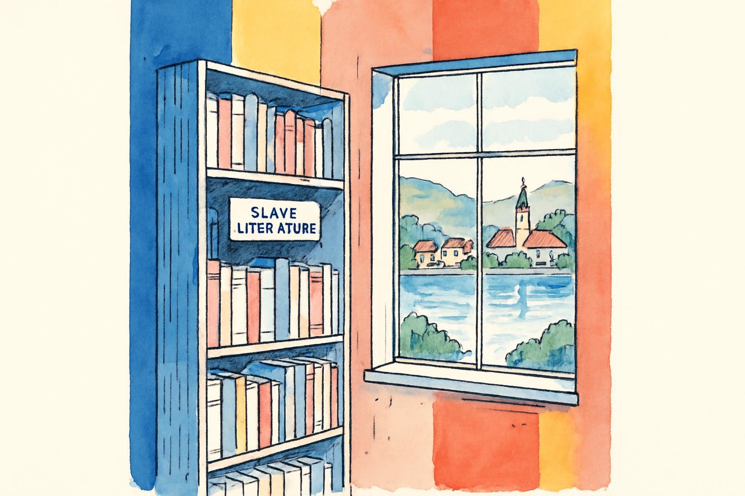Étagères de littérature slave traduite dans une petite maison d'édition, avec une ville au bord du lac visible par la fenêtre.