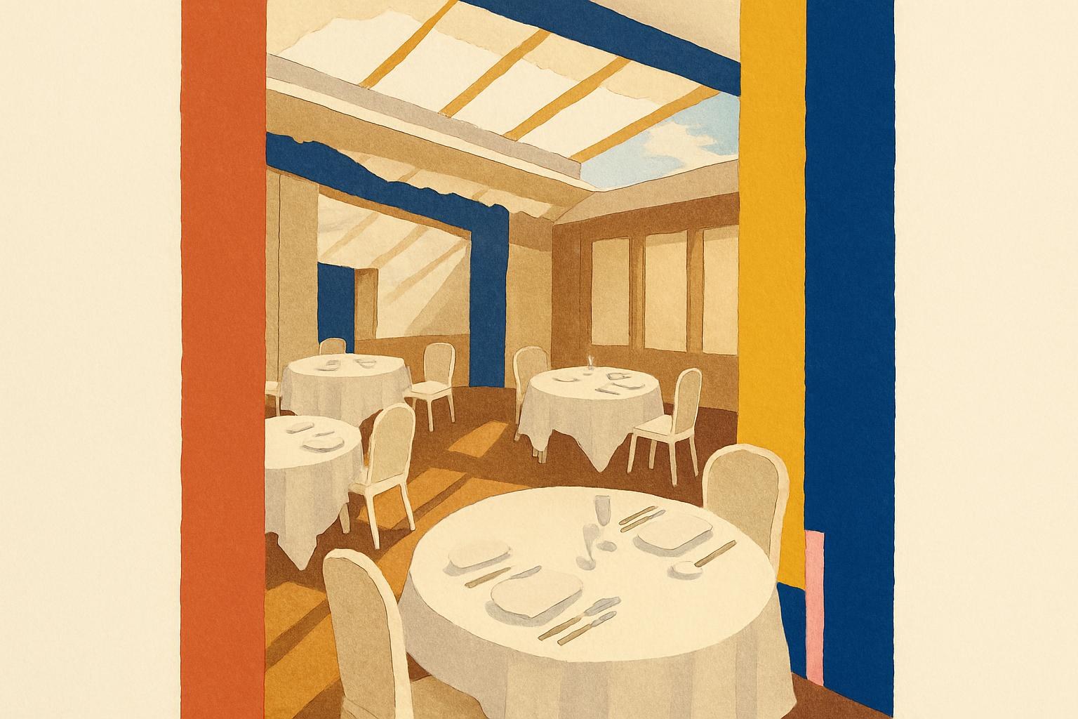The elegant dining room of the Lasserre restaurant in Paris, set for a literary prize lunch, with its retractable roof open to the sky.