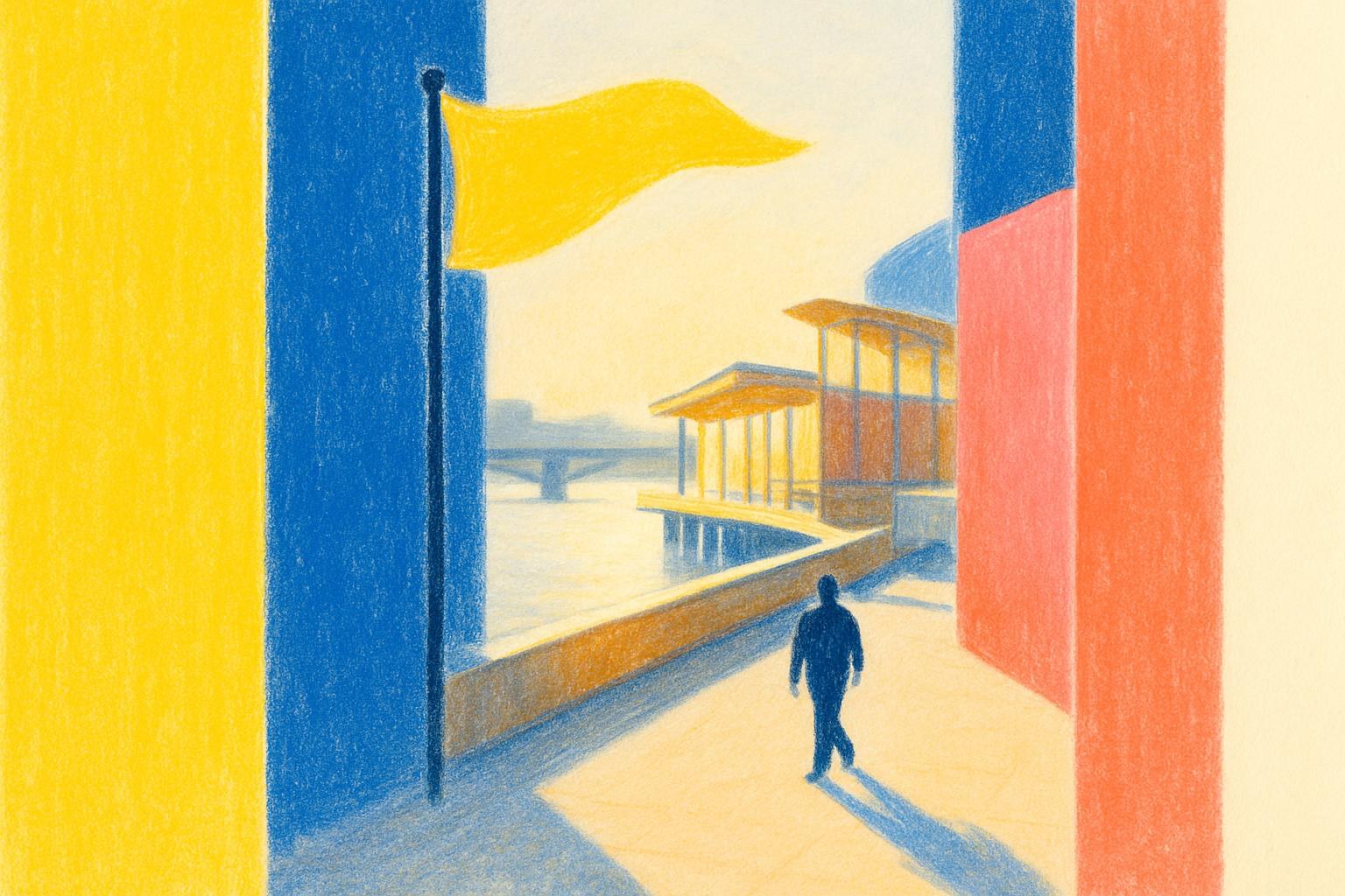 A pennant flutters above a festival pavilion on the Thames in soft, overcast light, evoking postwar London in 1951.