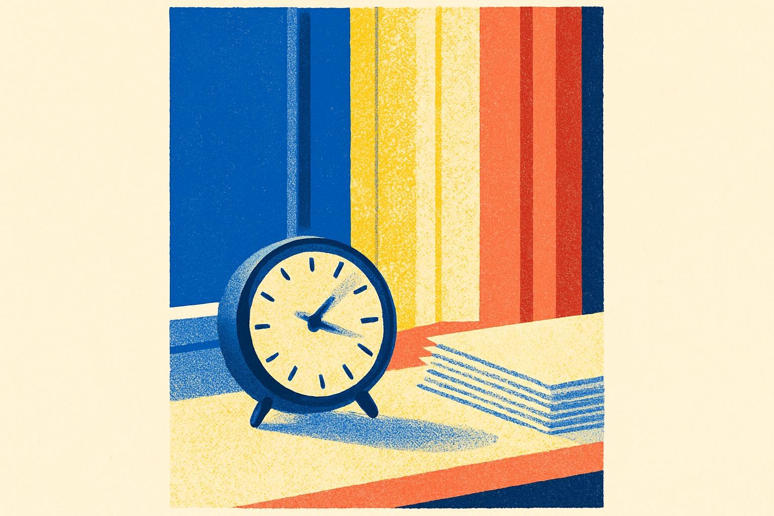 A blurred clock on a windowsill beside a stack of manuscript pages in late afternoon light.