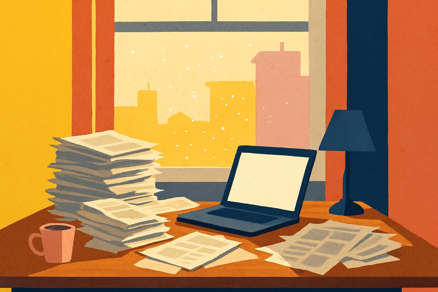 An old desk with scattered newspaper clippings and a glowing laptop screen, evoking questions over past published texts.