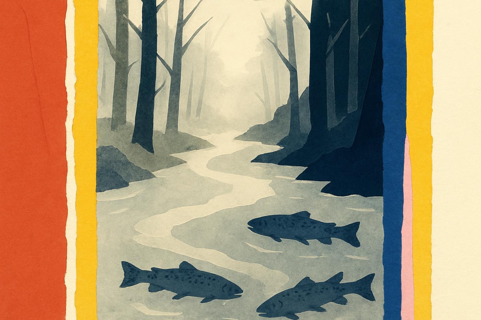 Une rivière brumeuse dans une forêt sombre, avec des truites visibles sous la surface, évoquant un calme inquiétant