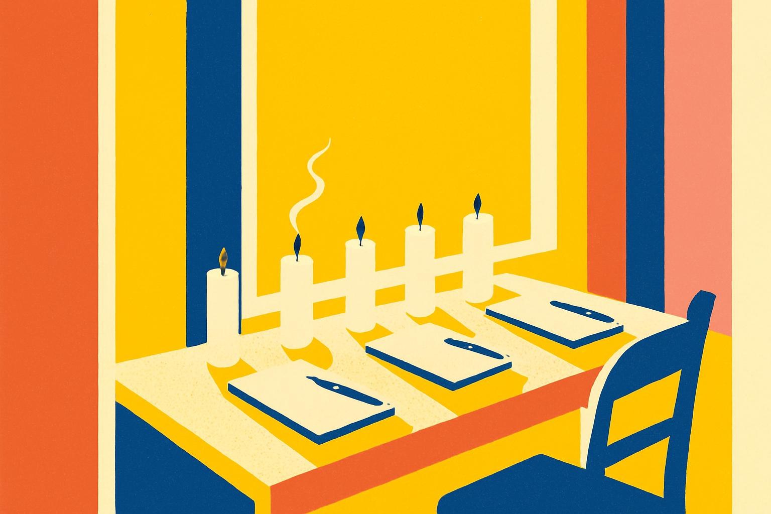 Cinco velas apagadas junto a cuadernos cerrados sobre un escritorio de madera, con un hilo de humo elevándose, evocando cinco vidas interrumpidas.