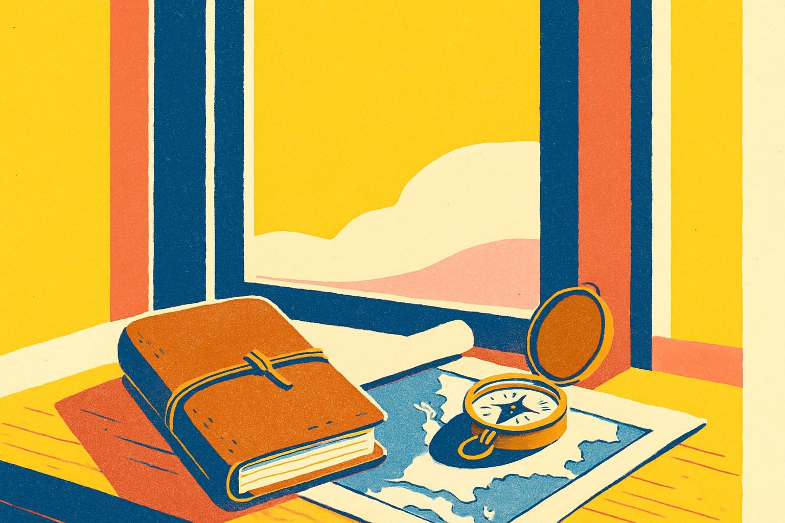 Un cuaderno de viaje de cuero, una brújula y un mapa desenrollado sobre un escritorio bañado en luz suave, evocando la literatura de viajes.