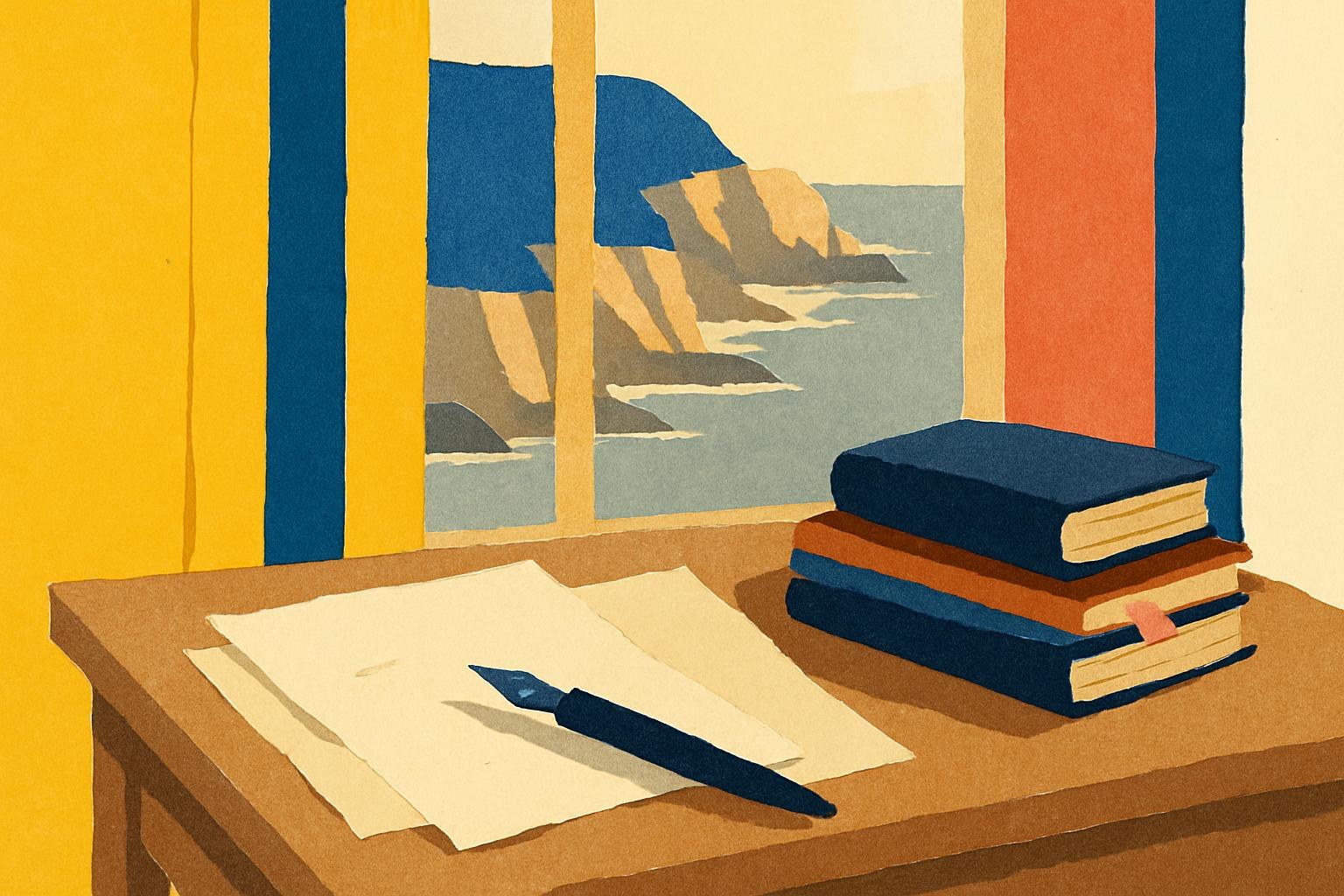 El escritorio de una escritora junto a una ventana con vista a los acantilados y el mar, iluminado por la luz del atardecer.