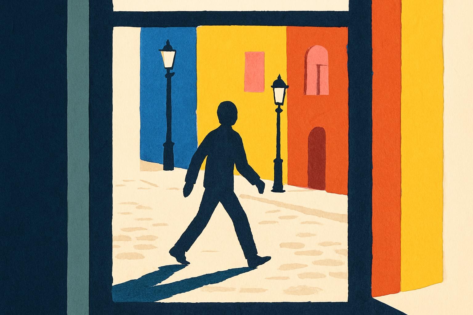A detached shadow stretching alone across a cobbled street at dusk, evoking Chamisso's tale of the man who sold his shadow.