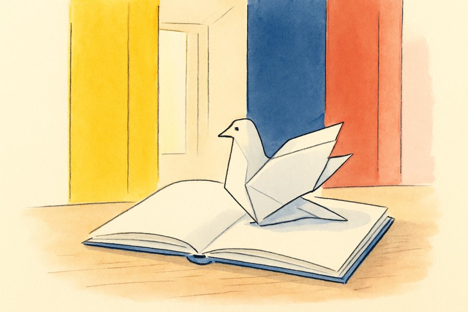Une colombe en papier posée sur une page blanche ouverte d'un livre illustré pour enfants.