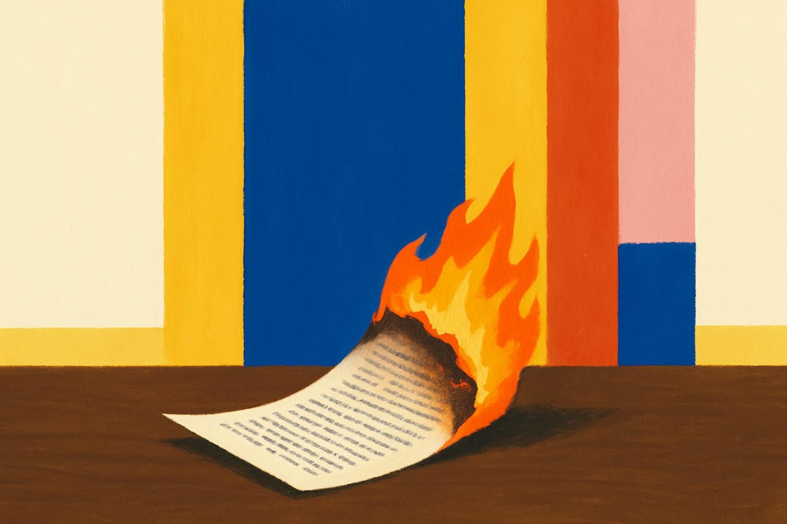 Une page à demi brûlée, incandescente, posée sur une table sombre.