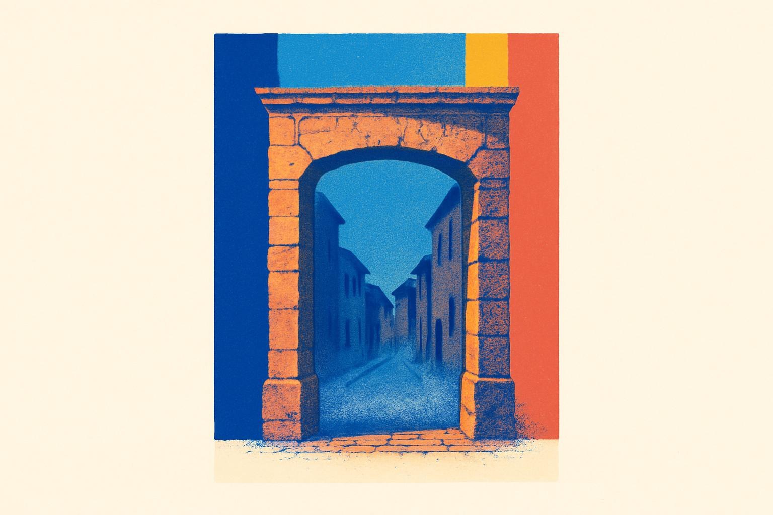 A stone gateway at twilight with faint carved letters above it, opening onto a descending street shrouded in mist.