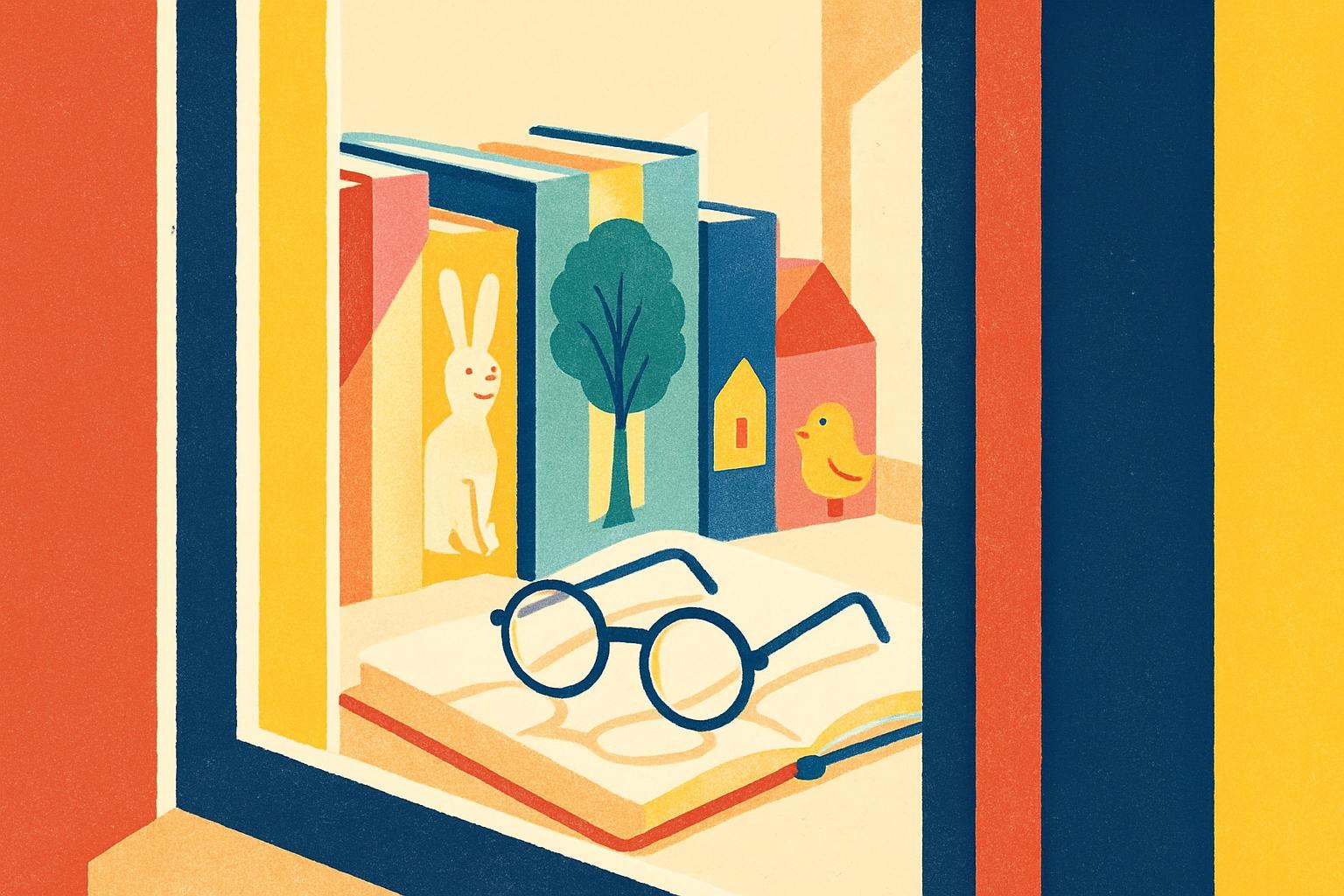 Una estantería de libros ilustrados infantiles bañada por una luz suave, con unas gafas sobre una página abierta.