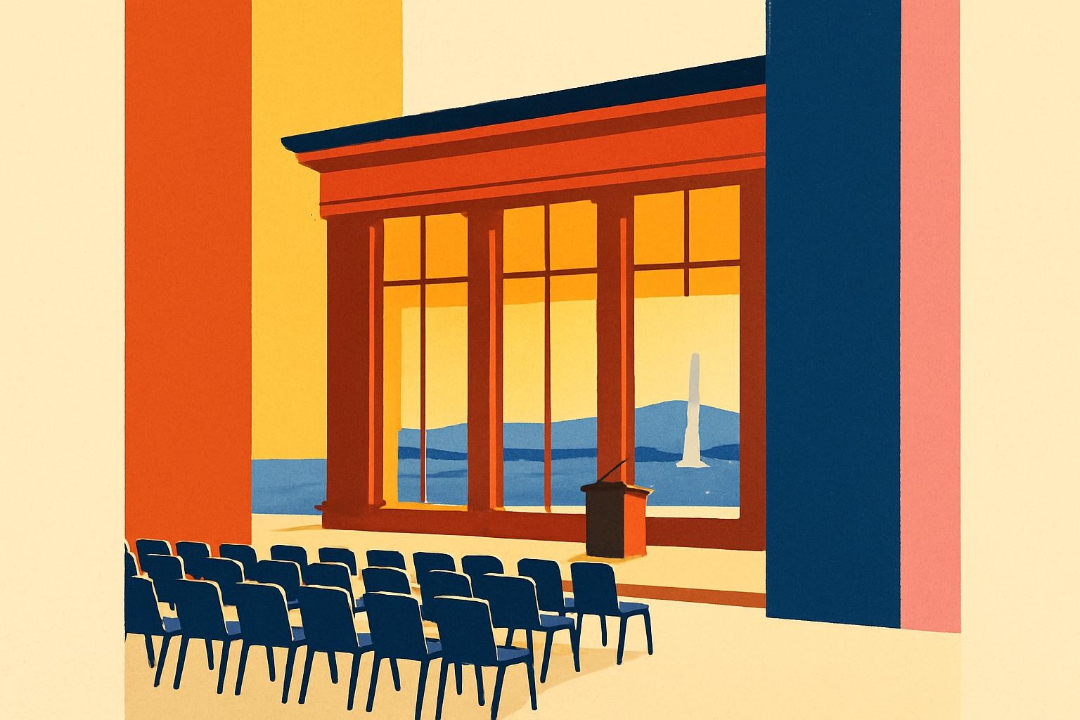 Une salle de conférence éclairée au bord du Léman au crépuscule, des chaises face à un pupitre vide.