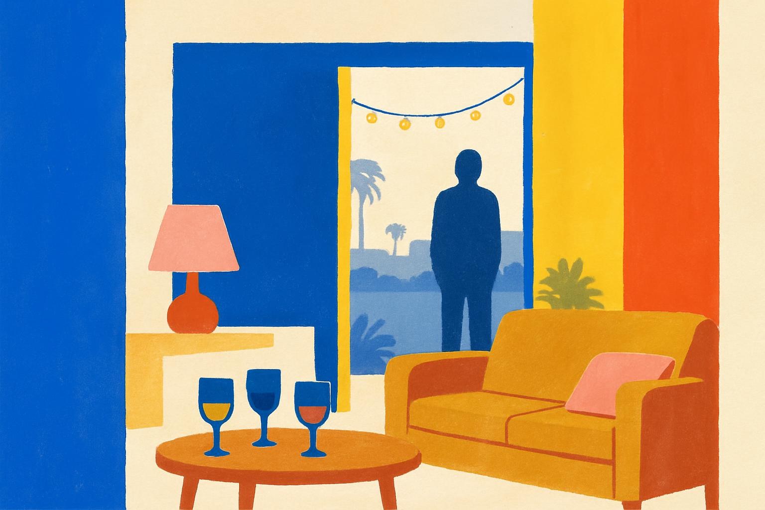 Une soirée à Los Angeles au crépuscule avec une silhouette double s'attardant dans une porte, évoquant l'ouverture étrange du nouveau roman d'Emily St John Mandel.