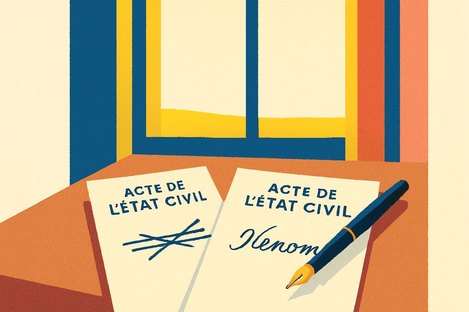 Old civil registry papers with a crossed-out surname and a fountain pen on a wooden desk, lit by afternoon light.