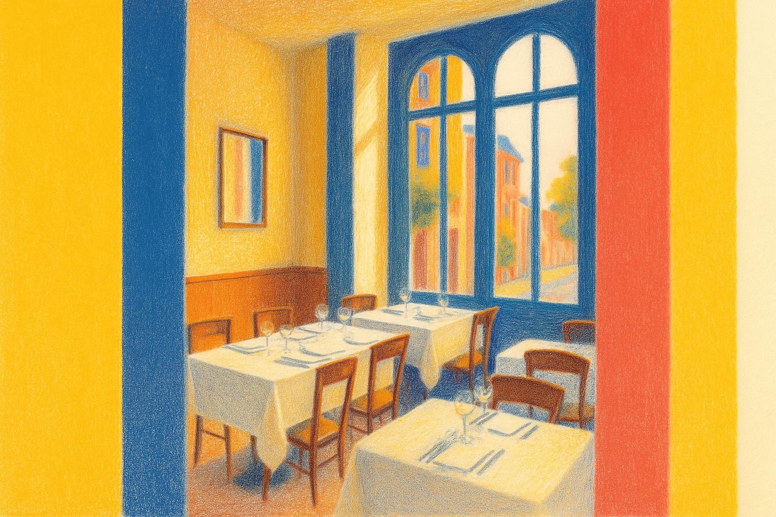 An empty, elegantly set restaurant dining room in Paris, light falling through tall windows.