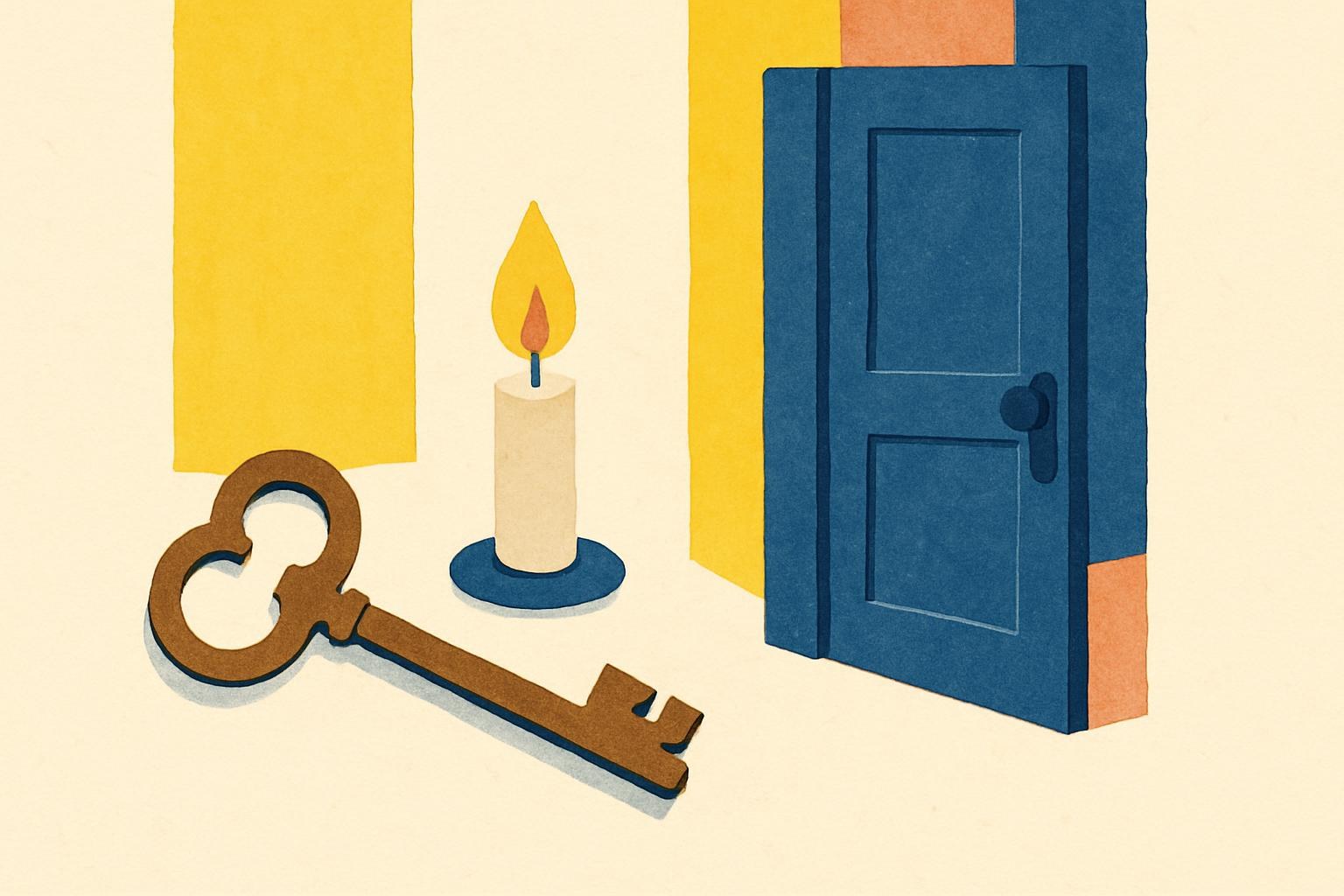 Una llave antigua junto a una pesada puerta cerrada, iluminada por una tenue luz de vela