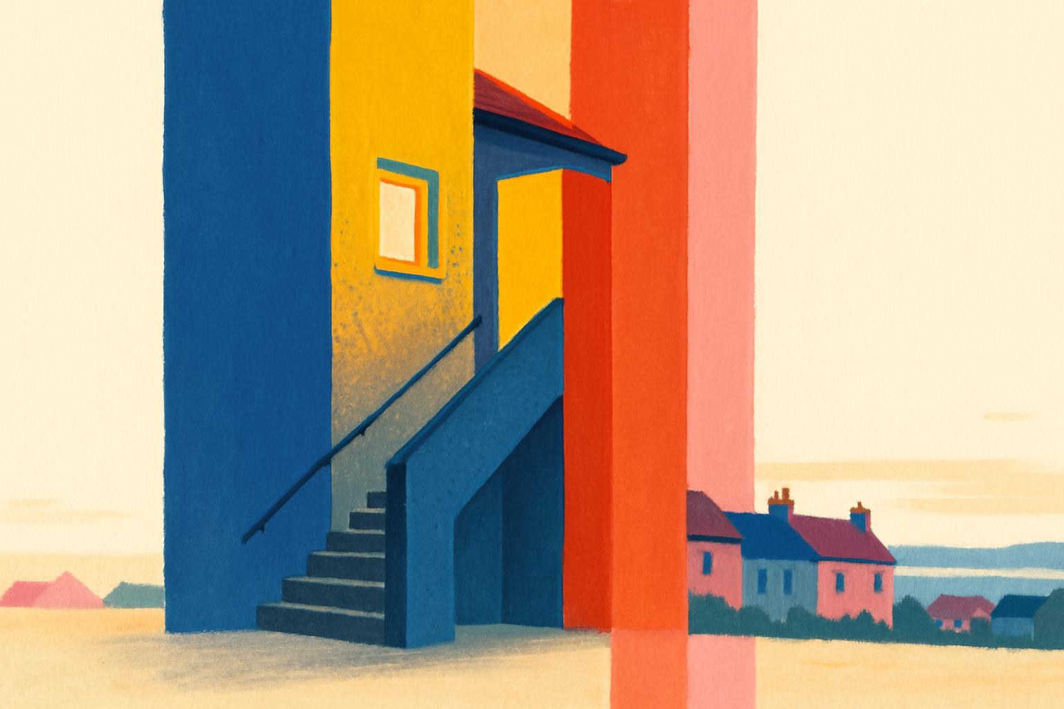 Vue au crépuscule d'une cage d'escalier d'une cité écossaise des années 1990, avec une fenêtre éclairée.