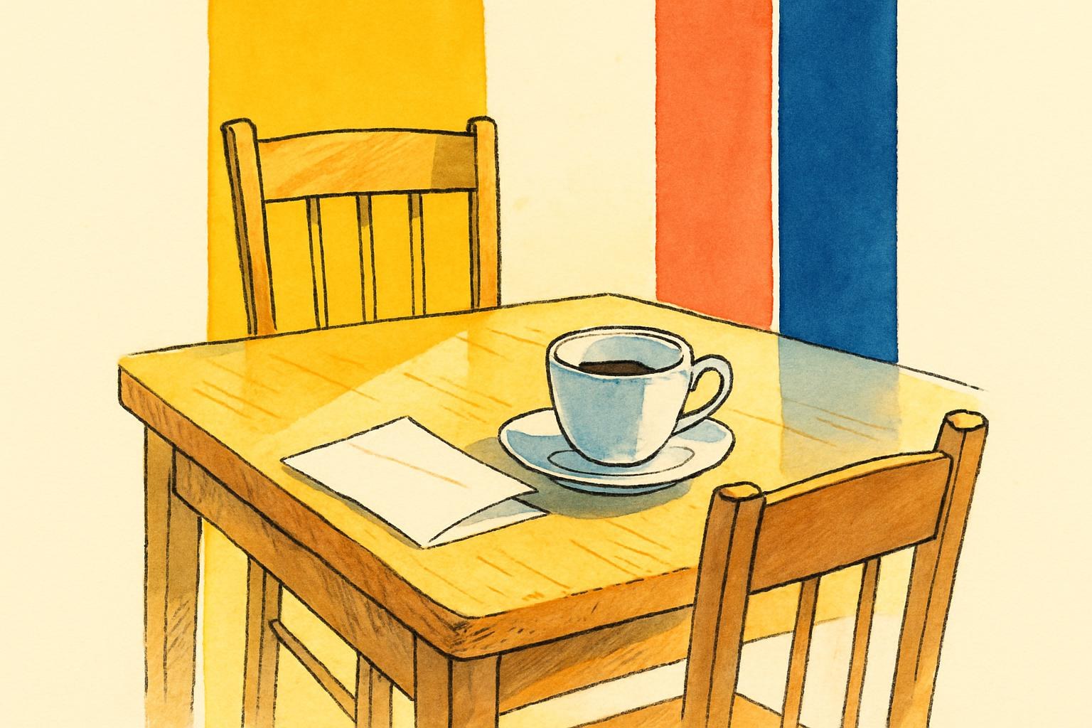 Una mesa de cocina puesta para dos con una silla vacía, la luz de la tarde cayendo sobre una carta doblada.