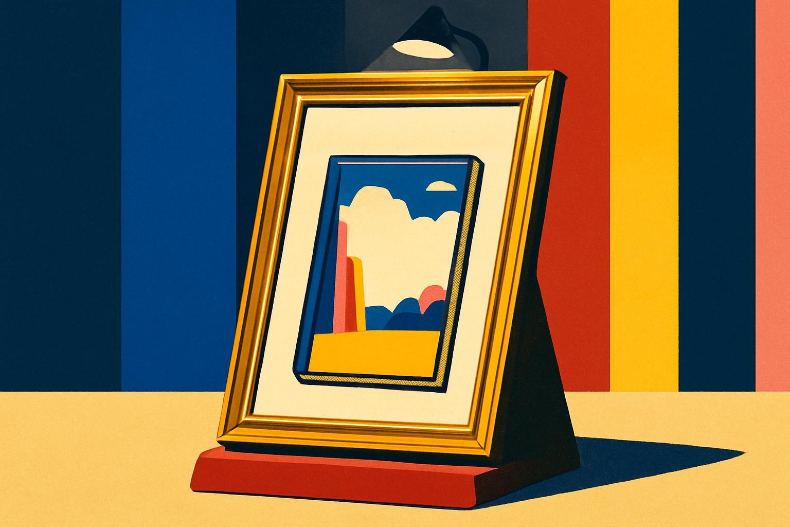 Une illustration de couverture de bande dessinée en couleurs, présentée sur un support en velours sous un projecteur, dans une salle des ventes.