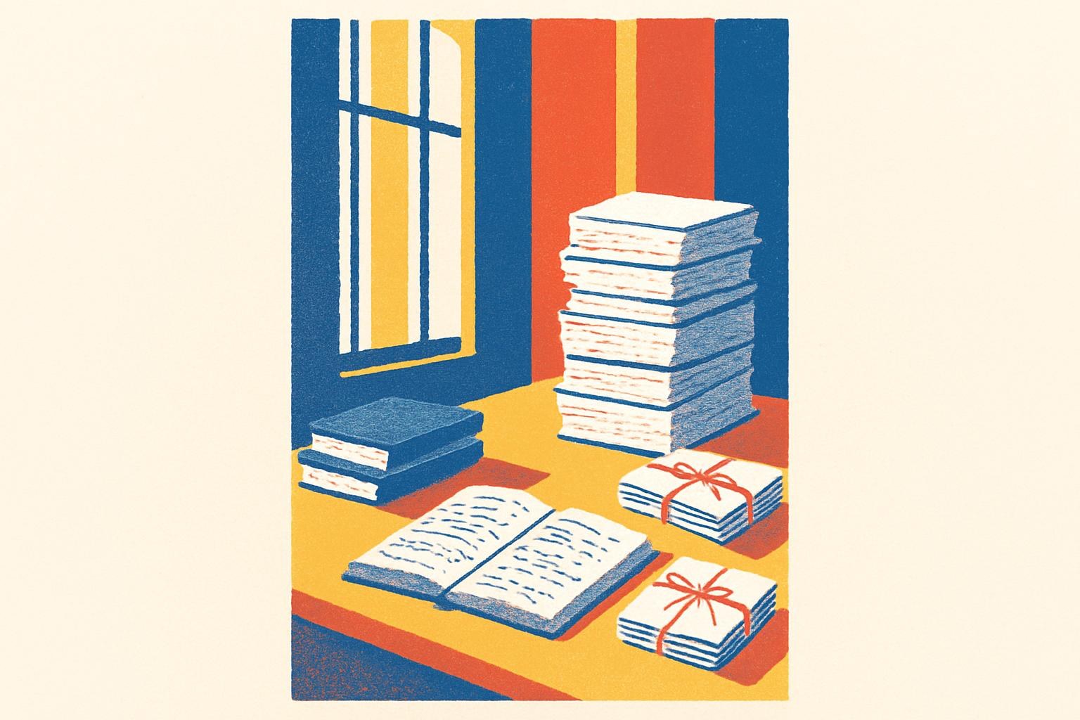 Un bureau baigné de lumière, couvert de vieux carnets, de lettres nouées et d'un journal ouvert, évoquant les archives privées d'une écrivaine.