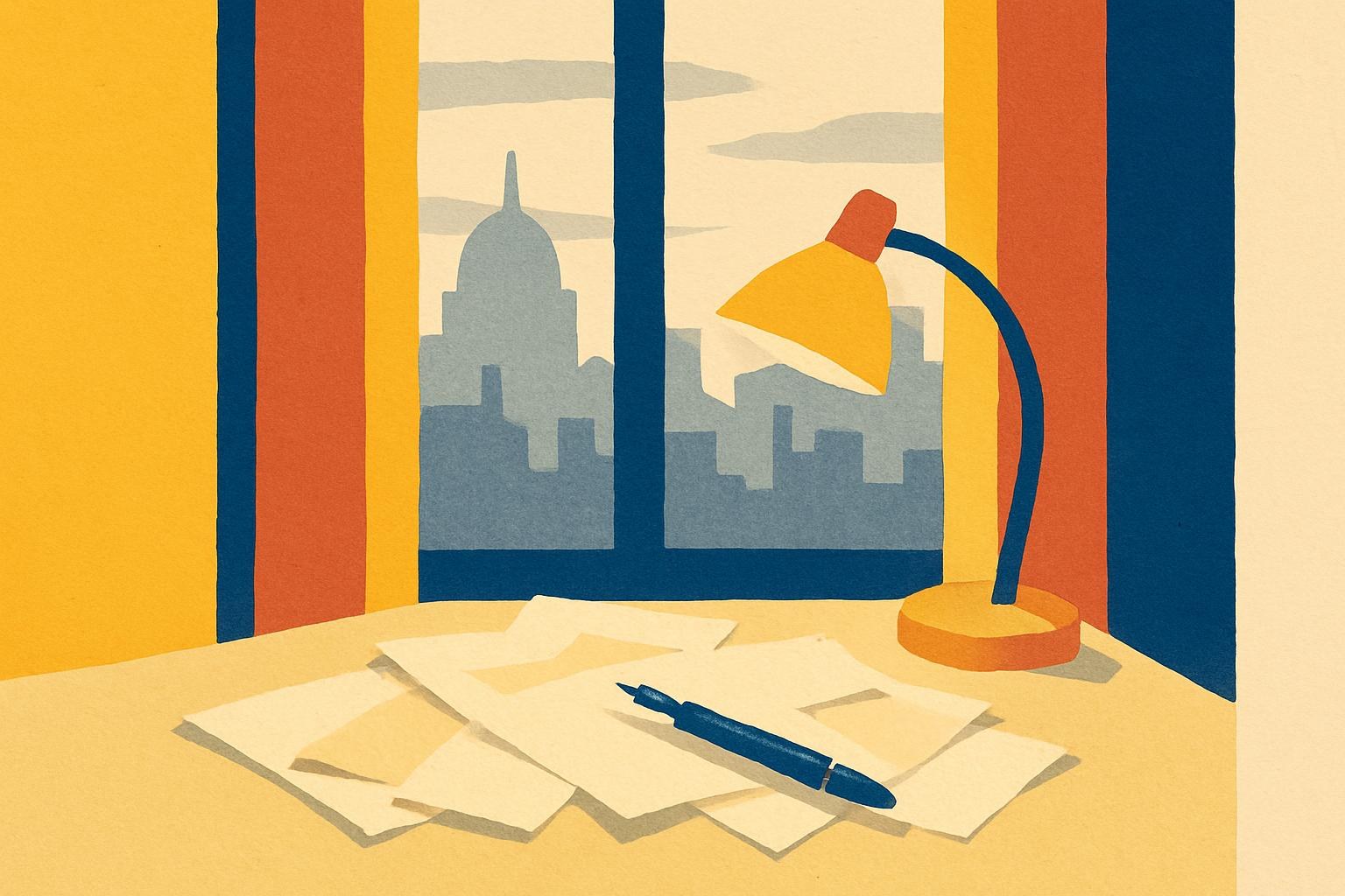 A lamp-lit writer's desk at dusk, pages scattered beside a worn pen, the city outside blurred grey.