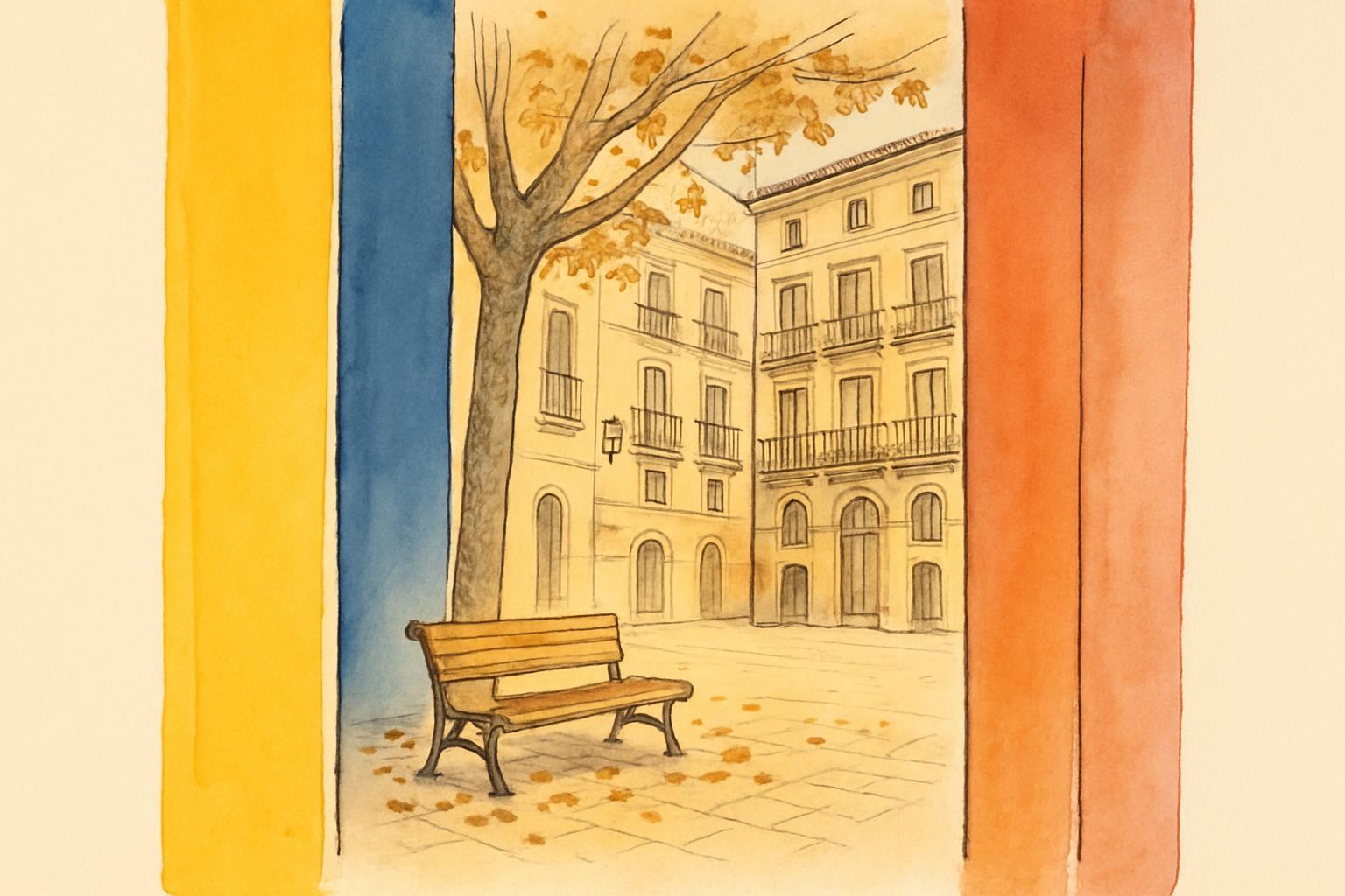 Un banc vide sous un platane, sur une place ancienne de Barcelone au crépuscule d'automne.