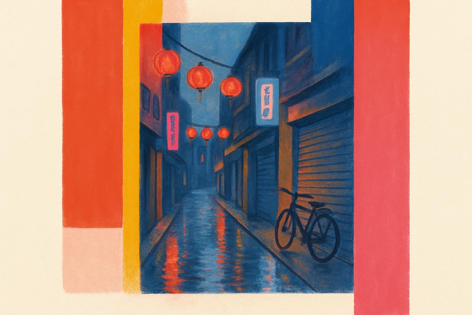 Una calle estrecha de Taipéi al atardecer, iluminada por linternas y letreros de neón reflejados en el pavimento mojado.