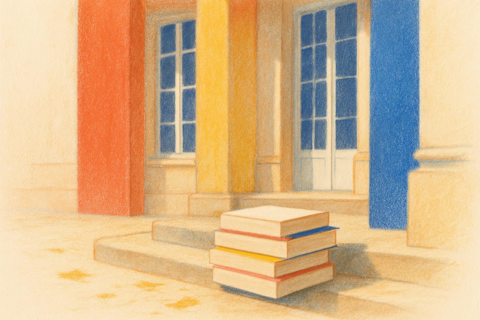 Un escalier de pierre vide devant un bâtiment institutionnel parisien, avec une petite pile de livres posée sur la première marche.