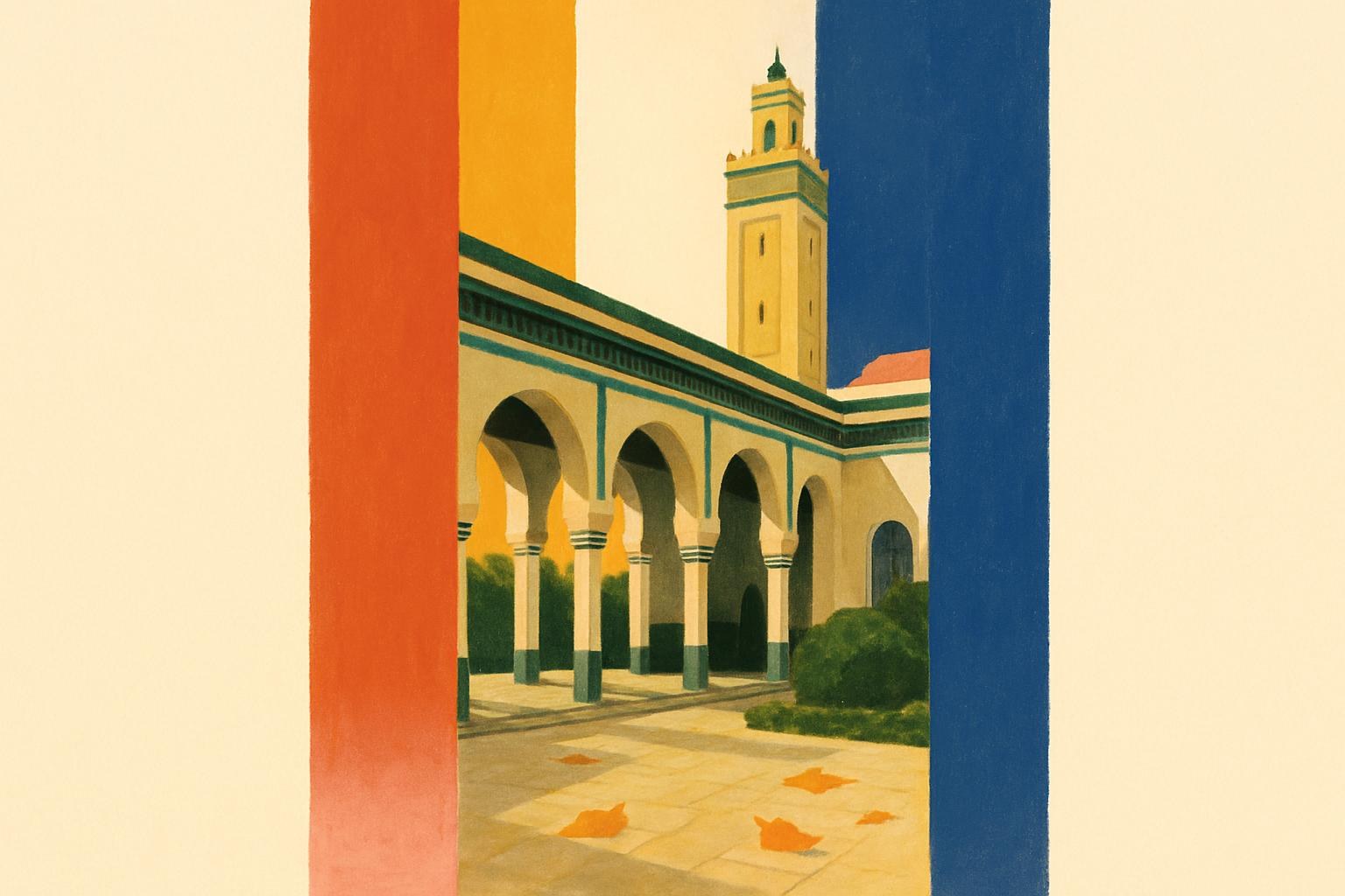 El patio de azulejos y el minarete de la Gran Mezquita de París bajo una suave luz de tarde.