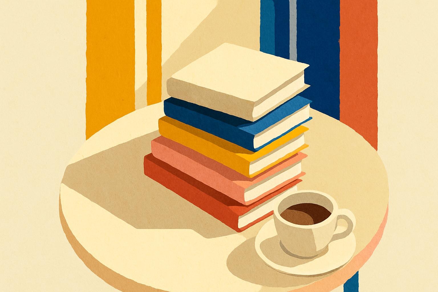 Une pile de livres neufs sur une table de café, baignée de lumière automnale.