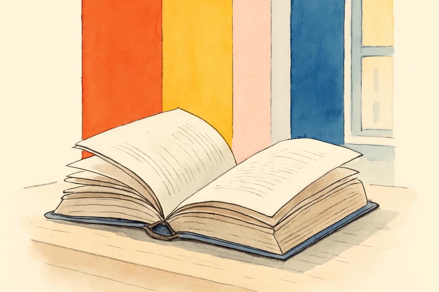 Un livre relié ouvert, sans inscription visible, posé sur un bureau en bois sous une lumière douce.