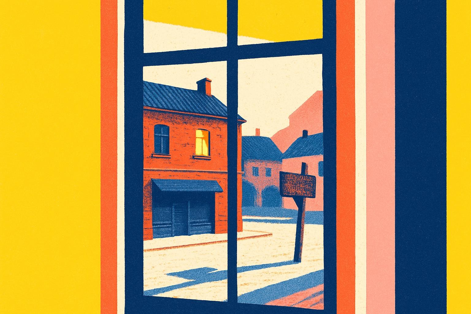 Une place de petite ville polonaise au crépuscule, avec des façades de brique usées et un panneau fané.