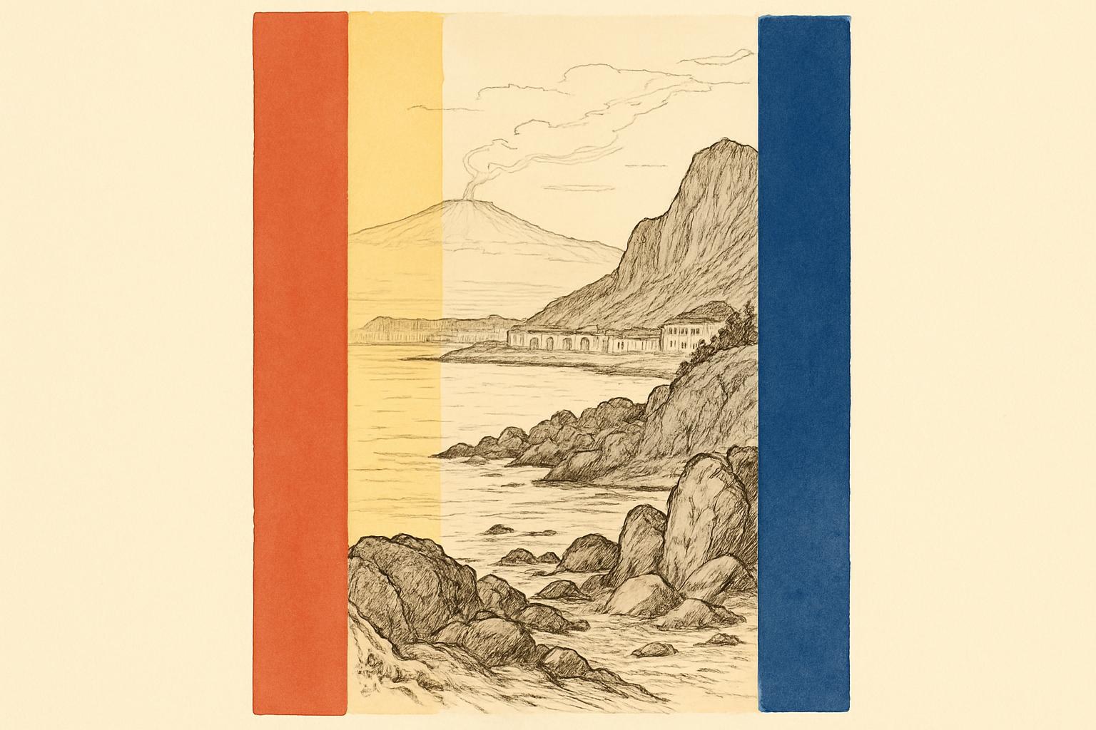Une gravure ancienne de la côte sicilienne avec l'Etna fumant au loin, évoquant le voyage d'Elisée Reclus en 1865.