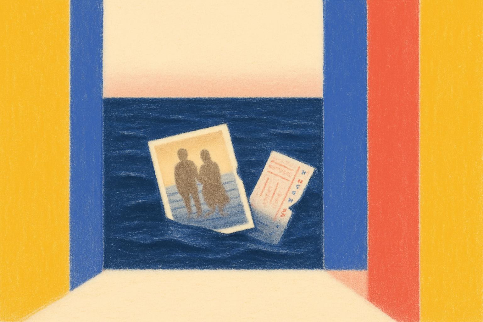 A faded photograph and a torn boarding pass floating on dark ocean water at dusk.