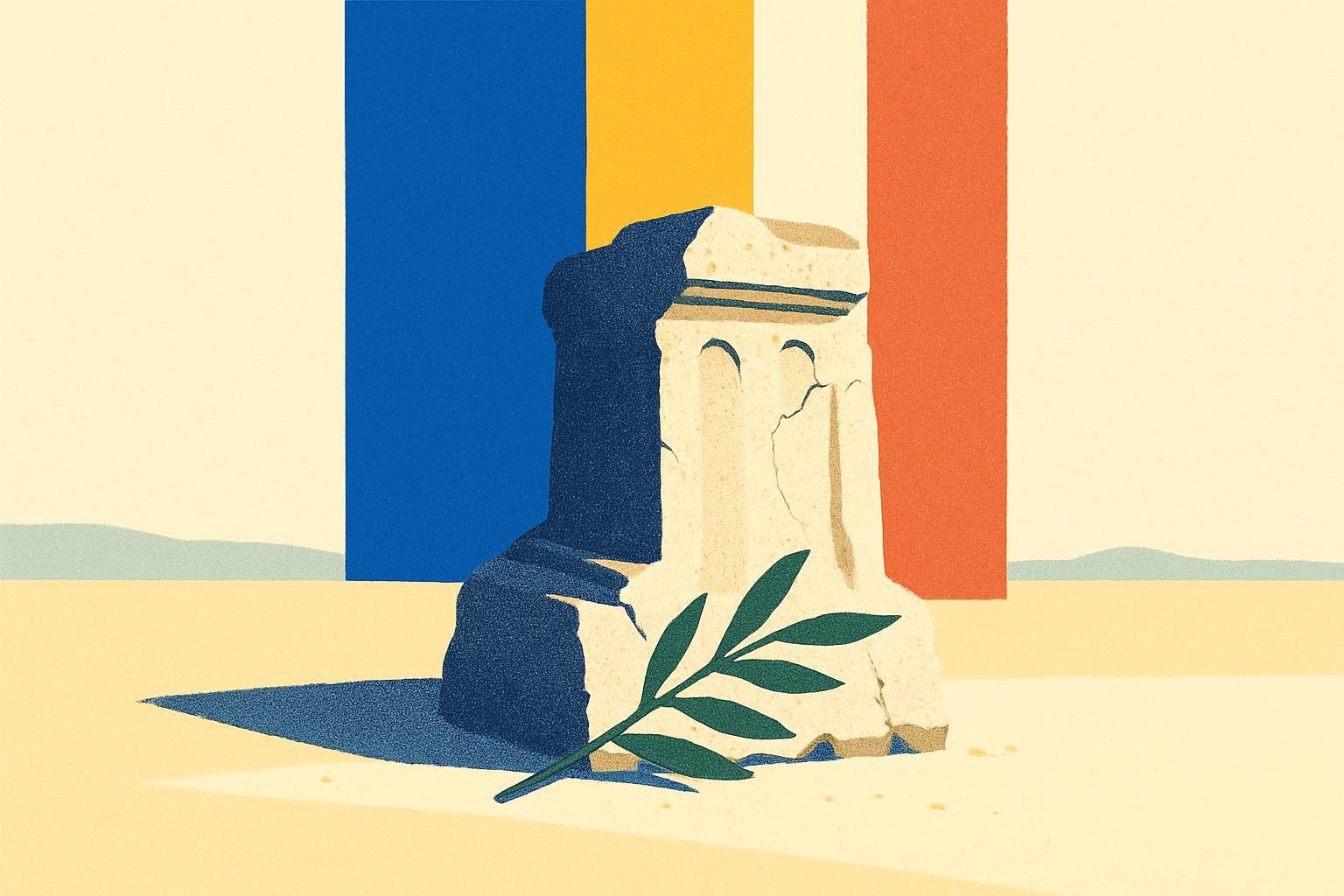 A stone ruin fragment with an olive branch across it, evoking Troy and epic memory.