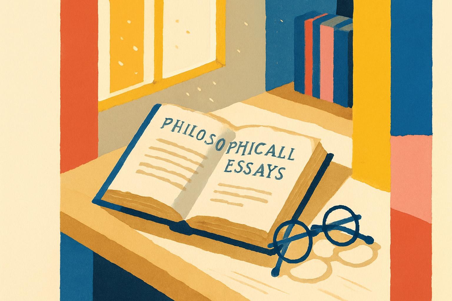 Un livre de philosophie usé, ouvert, et des lunettes rondes sur un bureau éclairé par le soleil de fin d'après-midi.