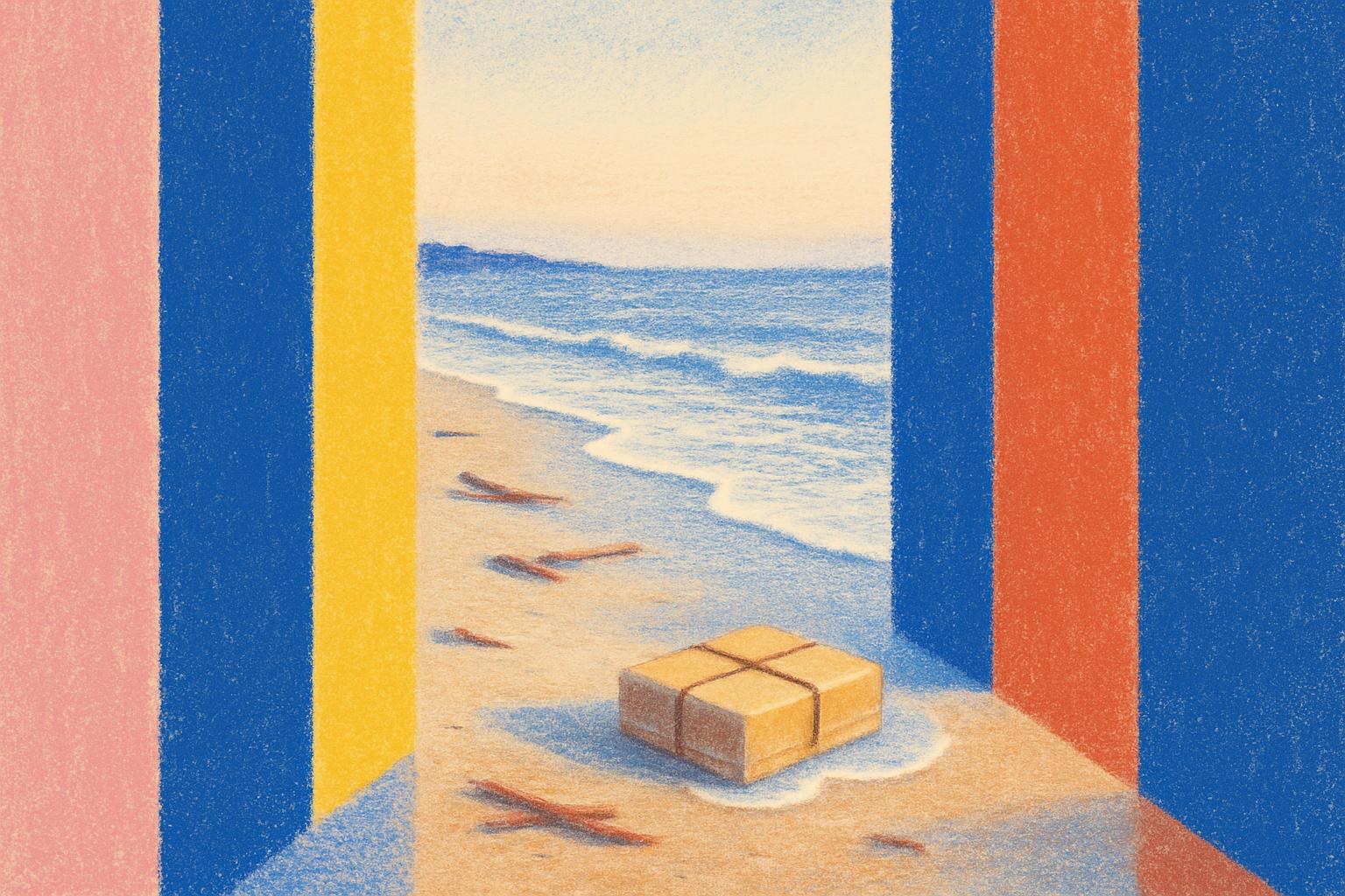 Une plage atlantique déserte à l'aube, avec un colis mystérieux échoué sur la laisse de mer.