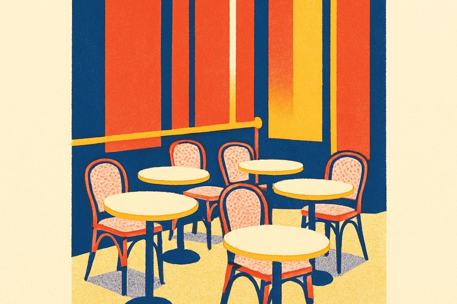 Una terraza de café parisino vacía al atardecer, evocando la brasería vinculada al premio literario Wepler.