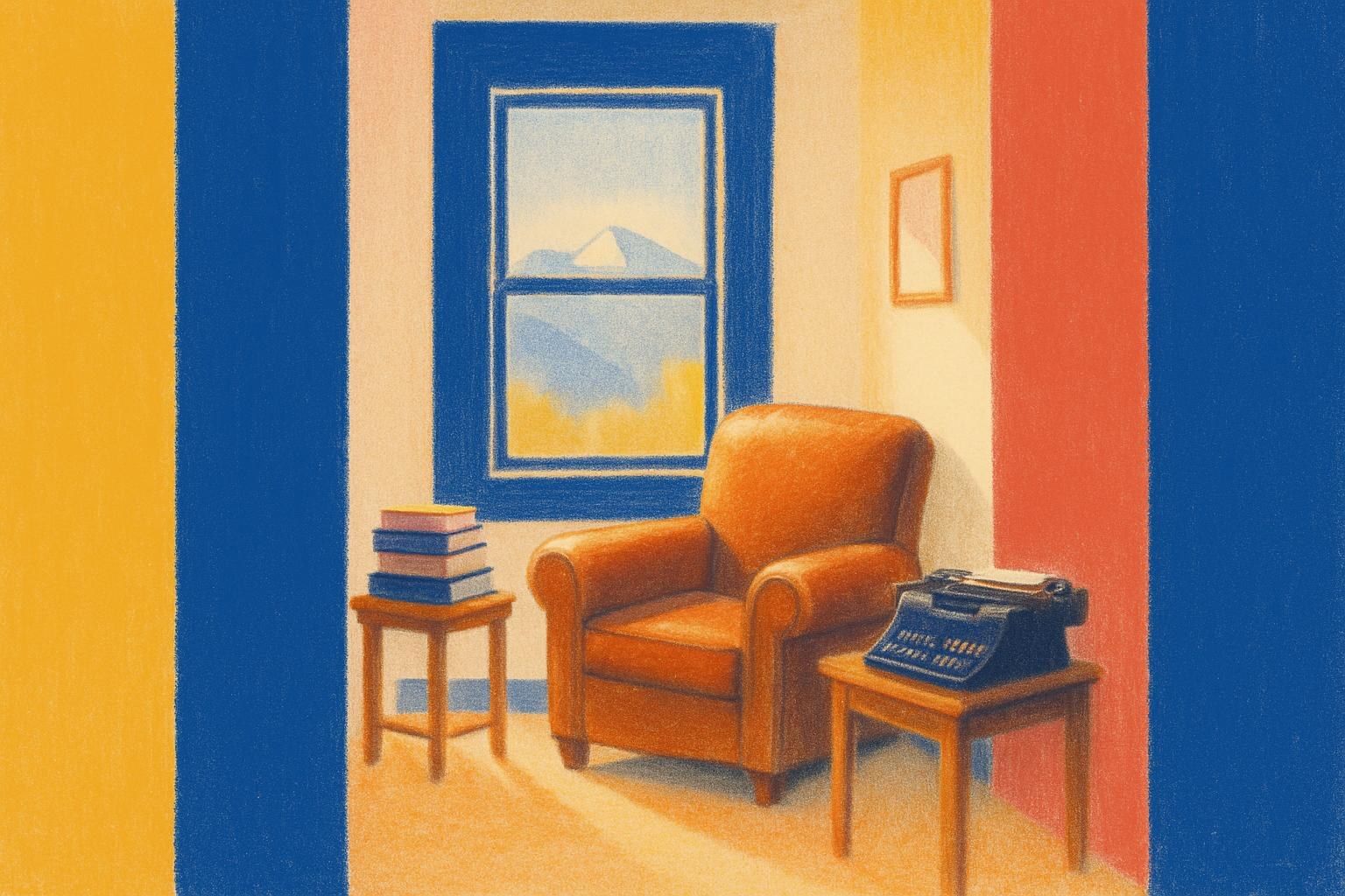 A sunlit apartment interior with stacks of crime novels and an old typewriter, evoking a writer's home in Denver.
