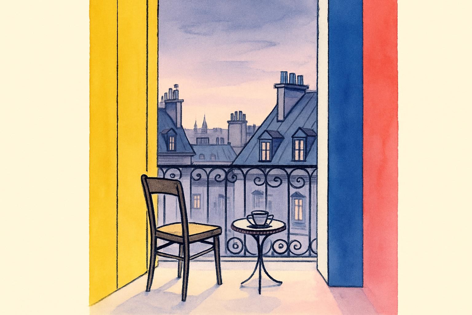 Una silla vacía en un balcón parisino con vistas a los tejados al atardecer, evocando el exilio y la reflexión.