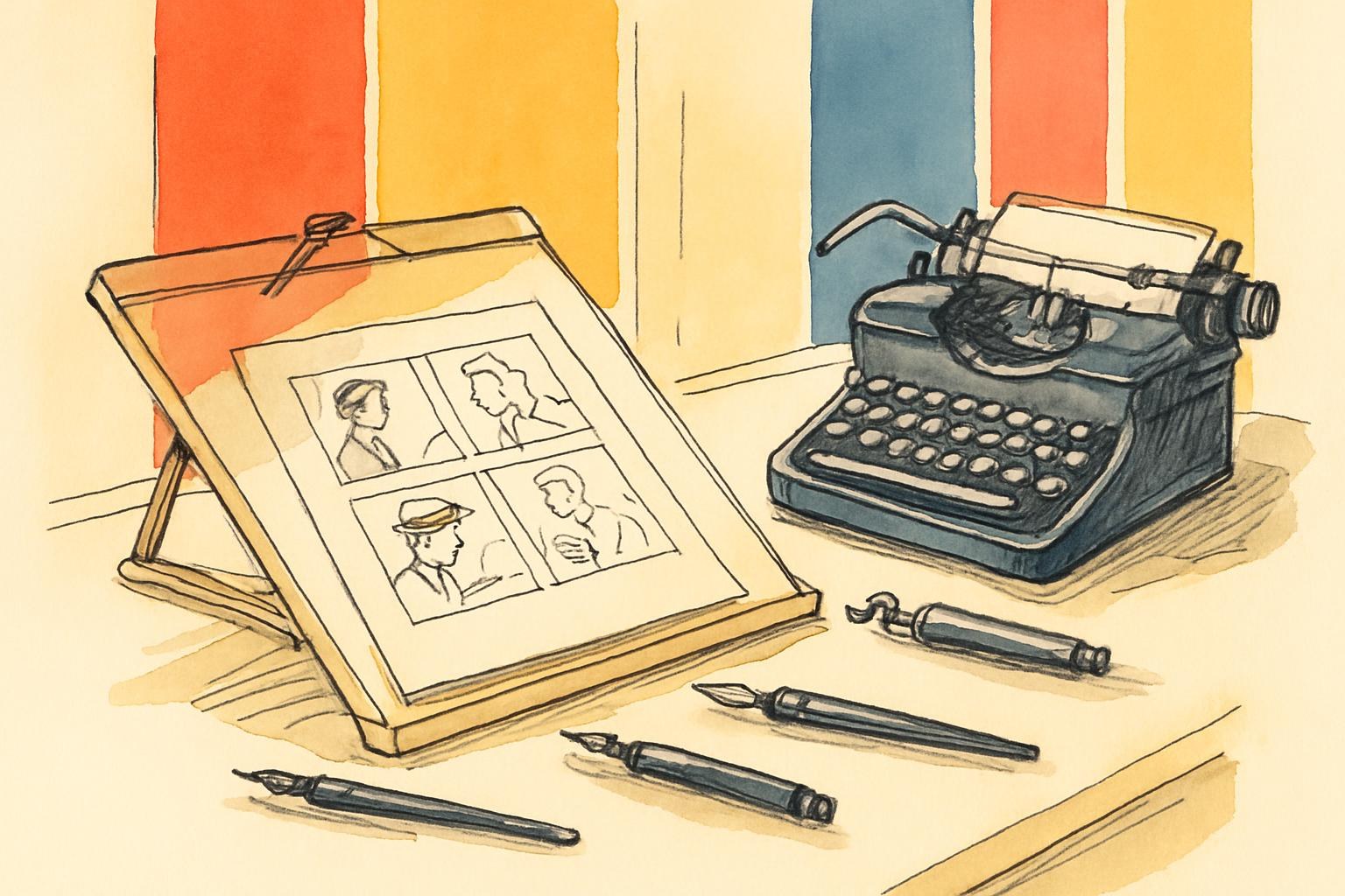 Une table à dessin illustrée avec des stylos et une machine à écrire, évoquant l'atelier d'un scénariste de bande dessinée du milieu du XXe siècle.