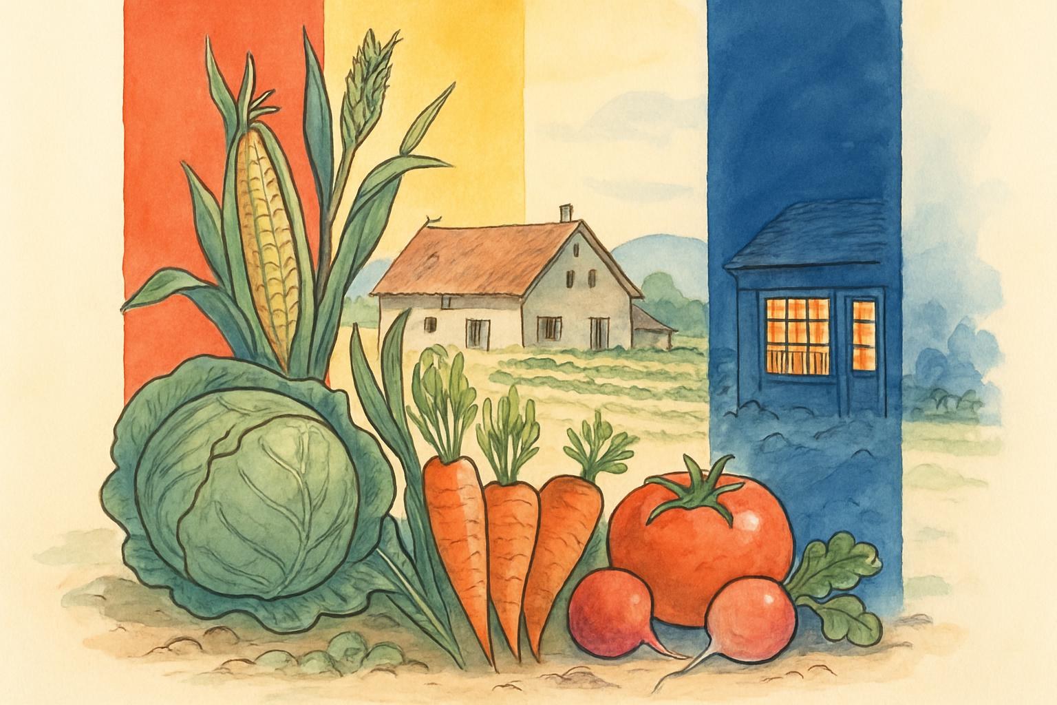 Une illustration opposant un jardin de ferme suisse des années 1950 à la vitrine éclairée d'une petite librairie au loin.