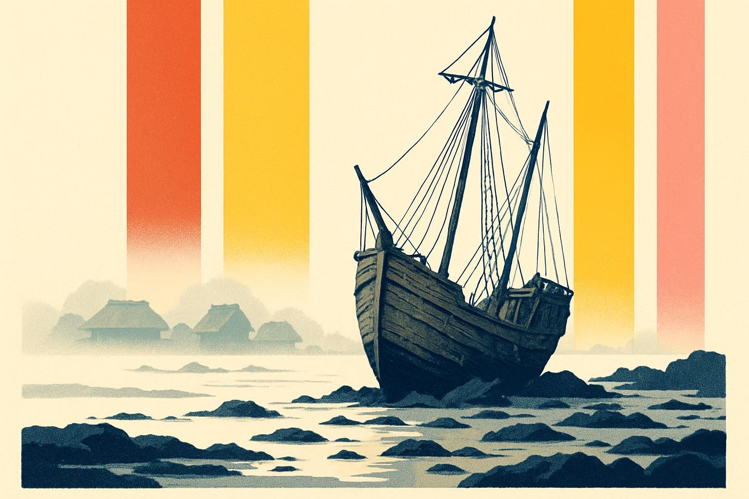 Un barco europeo varado en una costa japonesa neblinosa, cerca de una aldea del siglo XVI.
