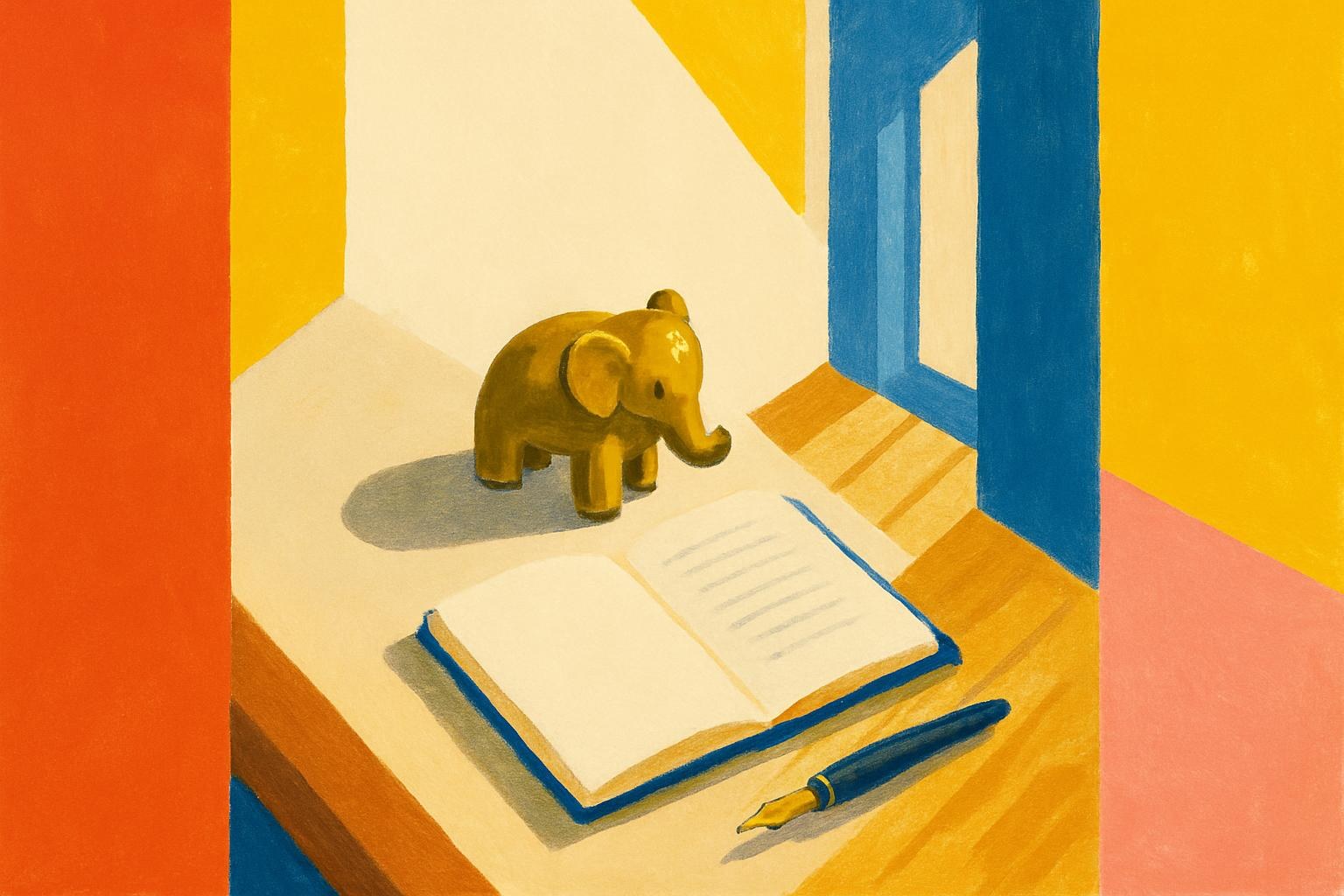 A small brass elephant figurine on a writer's desk, lit by late afternoon light.