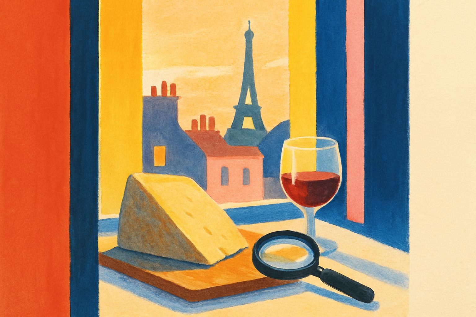 Un trozo de queso sobre una tabla de cortar junto a una lupa, iluminado por la luz del atardecer, evocando una falsa novela policiaca.